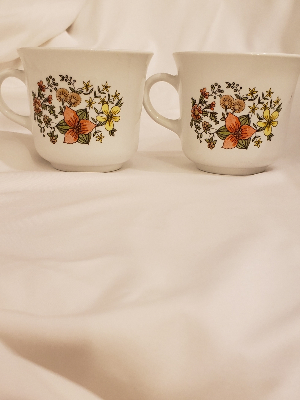 Vintage Corningware White Mugs with Orange & Yellow Floral Motif - Set of 2